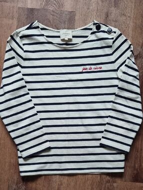 Sezane Colette MARINIERE Cream and Navy Striped Long Sleeve Tee with Red Script